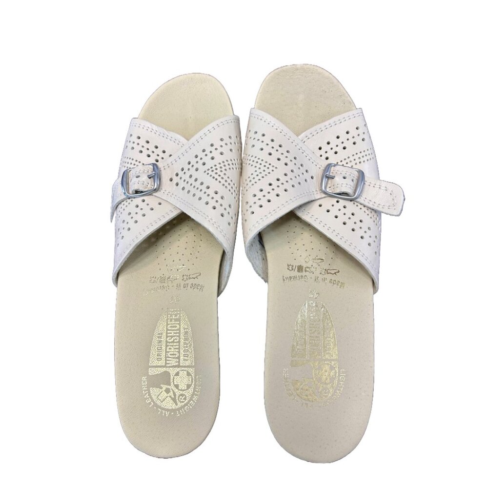 Worishofer Cream Perforated Leather Slides - Cork Wedge - Size 41